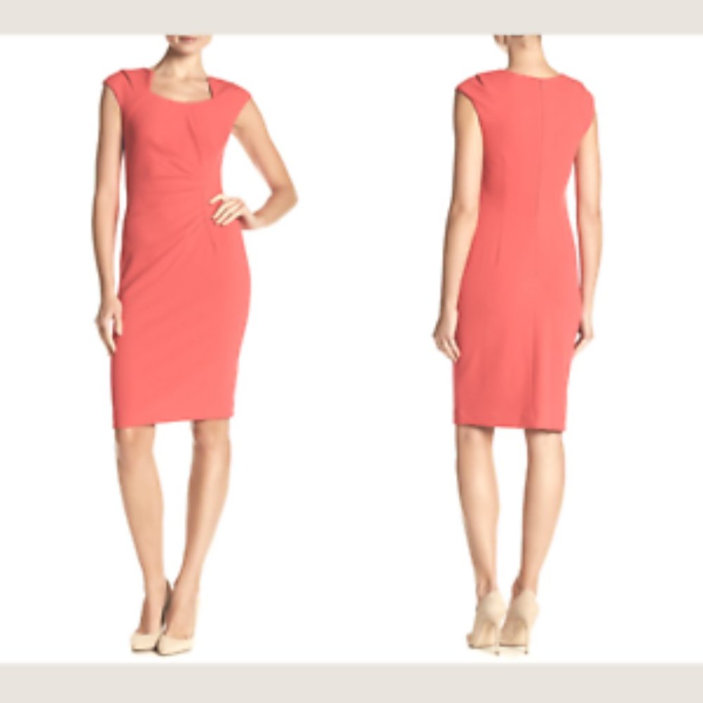 Coral Calvin Klein Cap Sleeved Ruched Cocktail Dress Curve Flattering EXC!